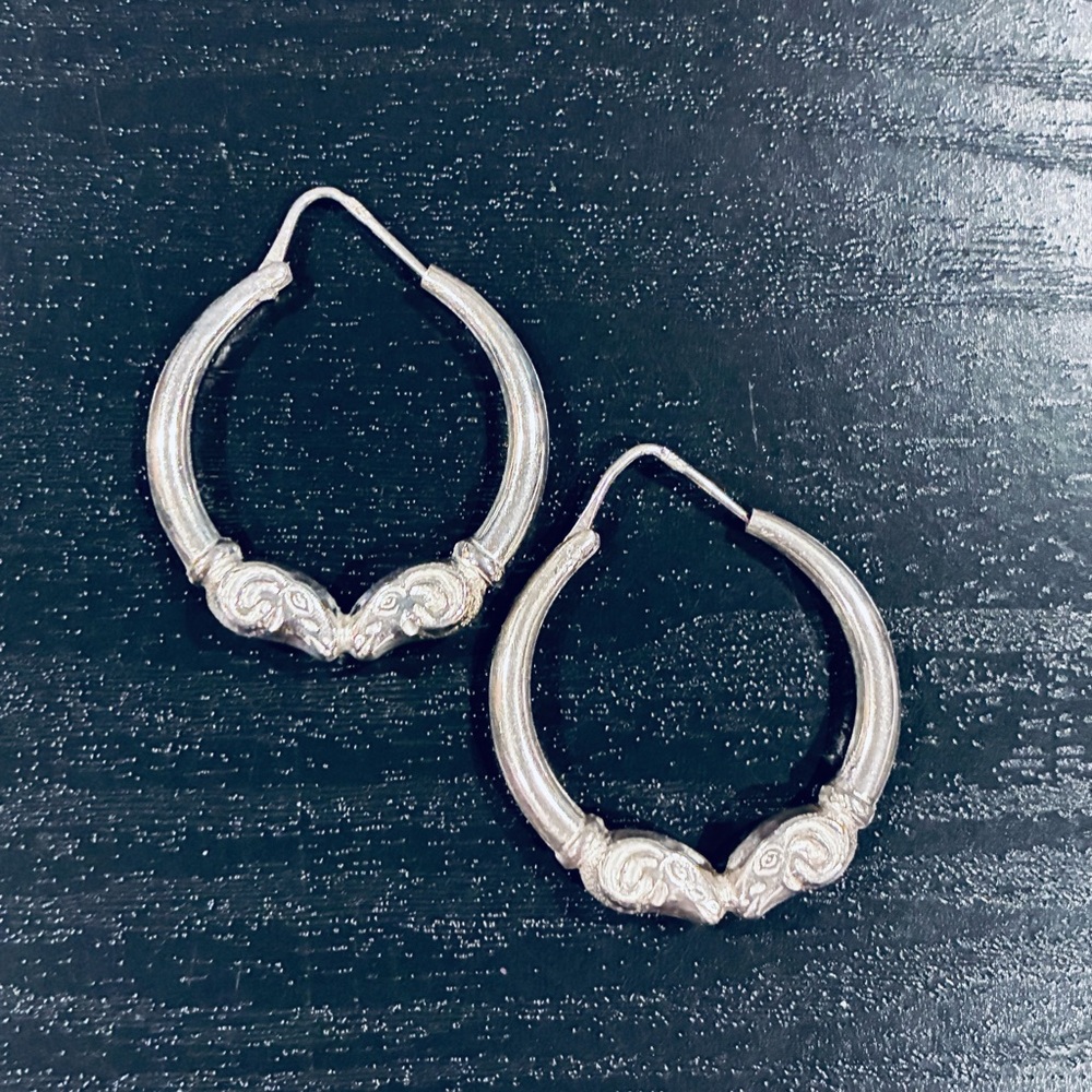 1970s 925 Sterling Silver Kissing Ram Hoop Statement Earrings, signed